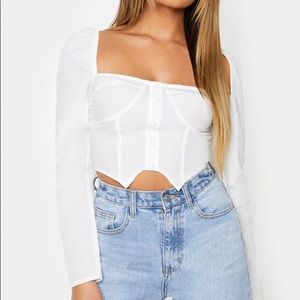 White woven puff long sleeve button crop top